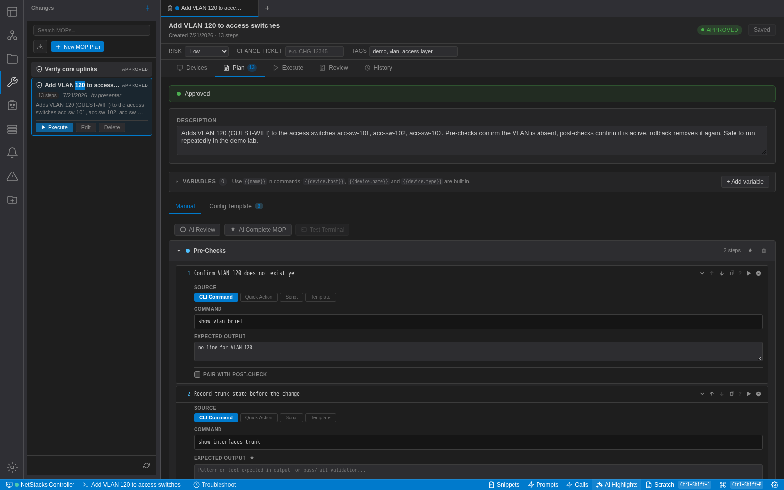 A MOP open in the Terminal on the Plan tab, with risk, change ticket and tags in the header and the first pre-check expanded