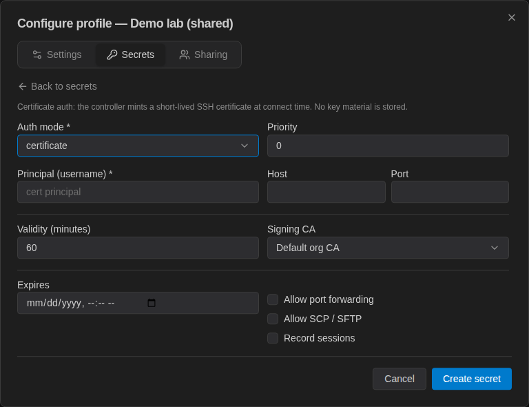 Add secret form with Auth mode certificate, Principal (username), Validity (minutes) set to 60