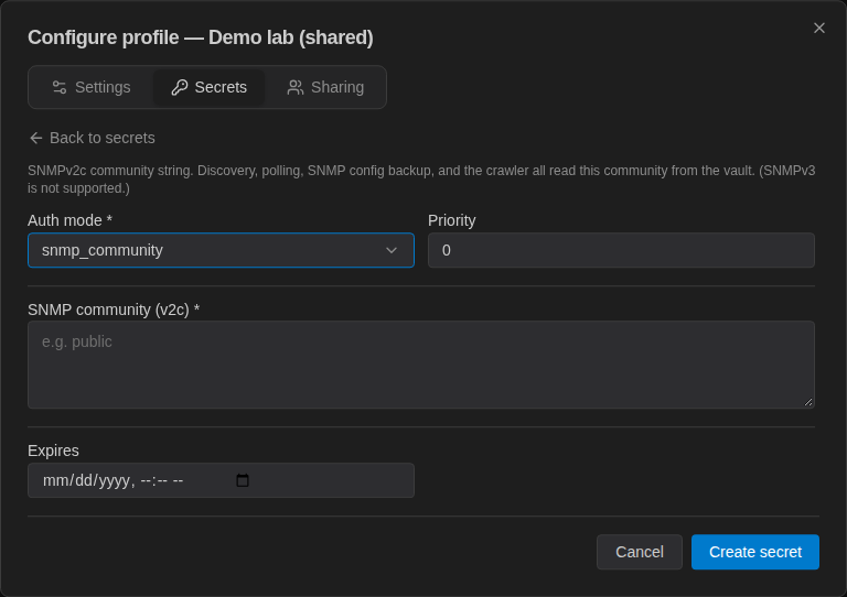 Add secret form with Auth mode snmp_community and the SNMP community (v2c) field, noting SNMPv3 is not supported