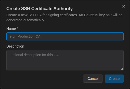 Create SSH Certificate Authority dialog with Name and Description fields