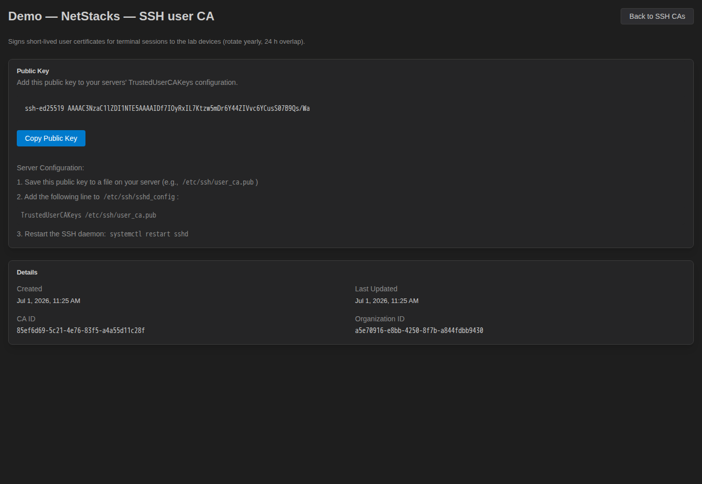 SSH CA details page with the CA public key, Copy Public Key button, server configuration steps and CA details