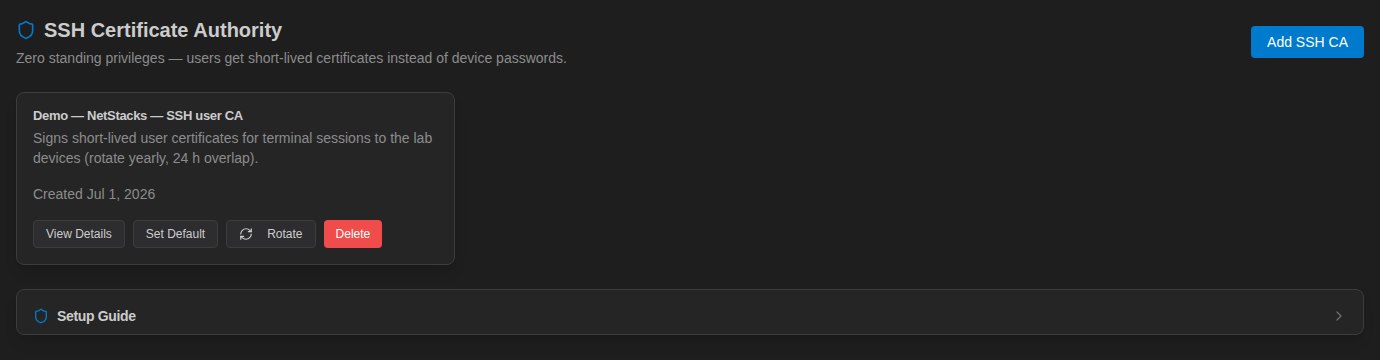 SSH Certificate Authority page showing one CA card with View Details, Set Default, Rotate and Delete buttons