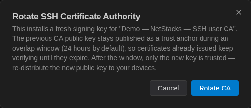 Rotate SSH Certificate Authority confirmation describing the 24-hour overlap window