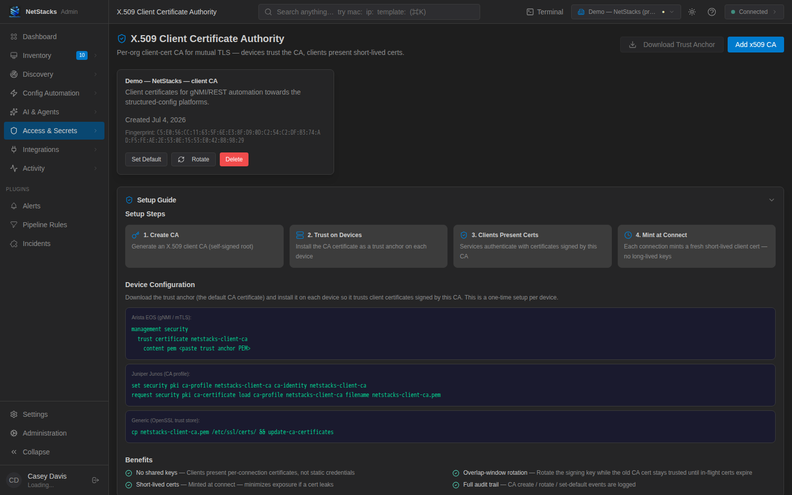 X.509 Client CA Setup Guide with setup steps and device configuration for Arista EOS, Juniper Junos and generic OpenSSL