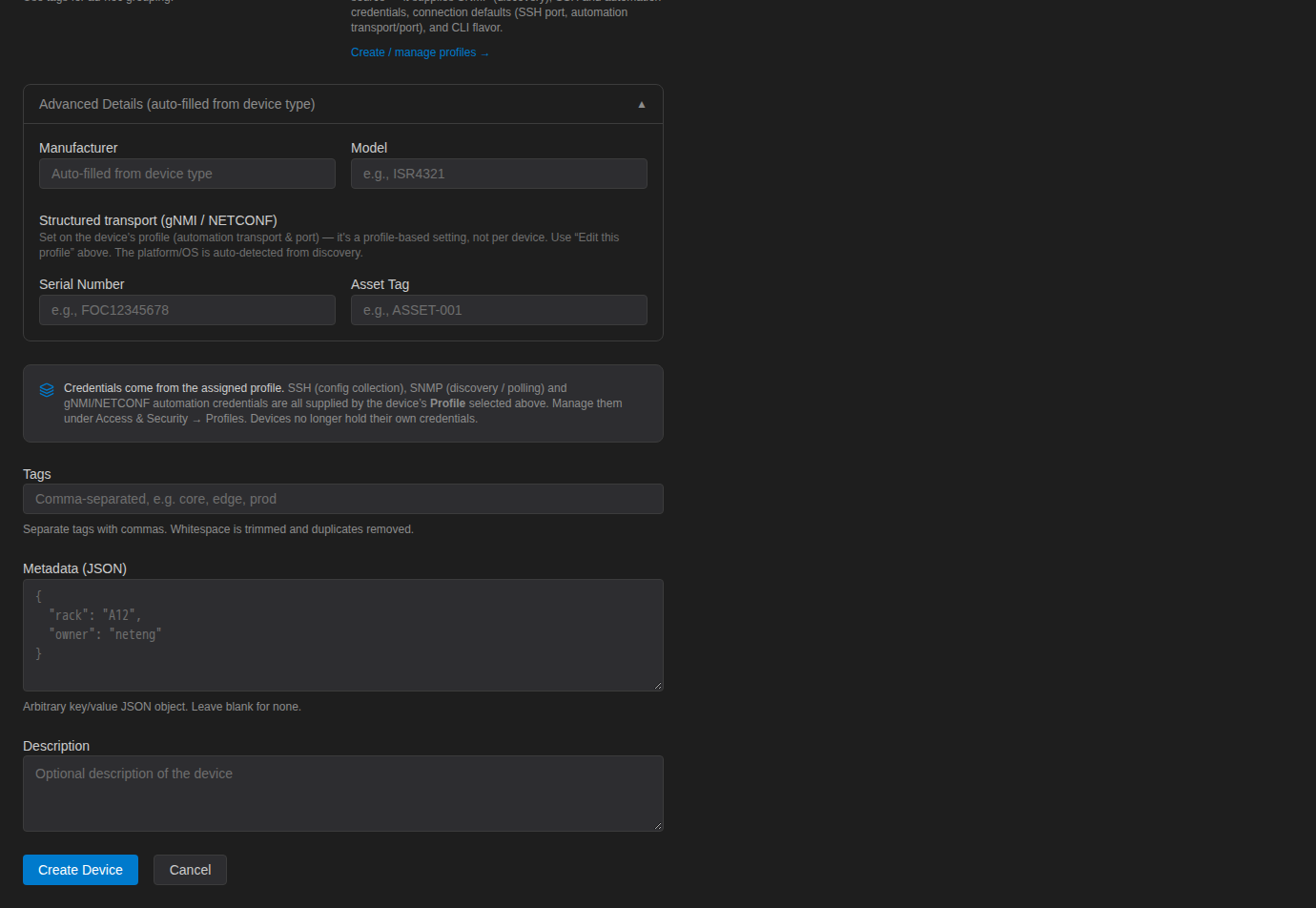 Add Device form with Advanced Details expanded, plus Tags, Metadata and Description