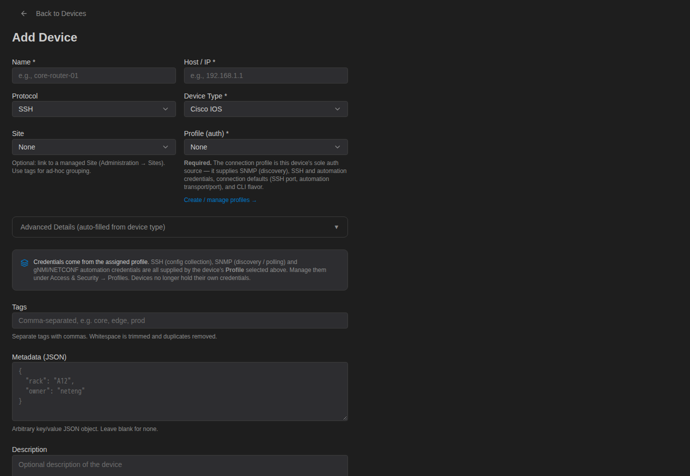 Add Device form with Name, Host / IP, Protocol, Device Type, Site and Profile fields