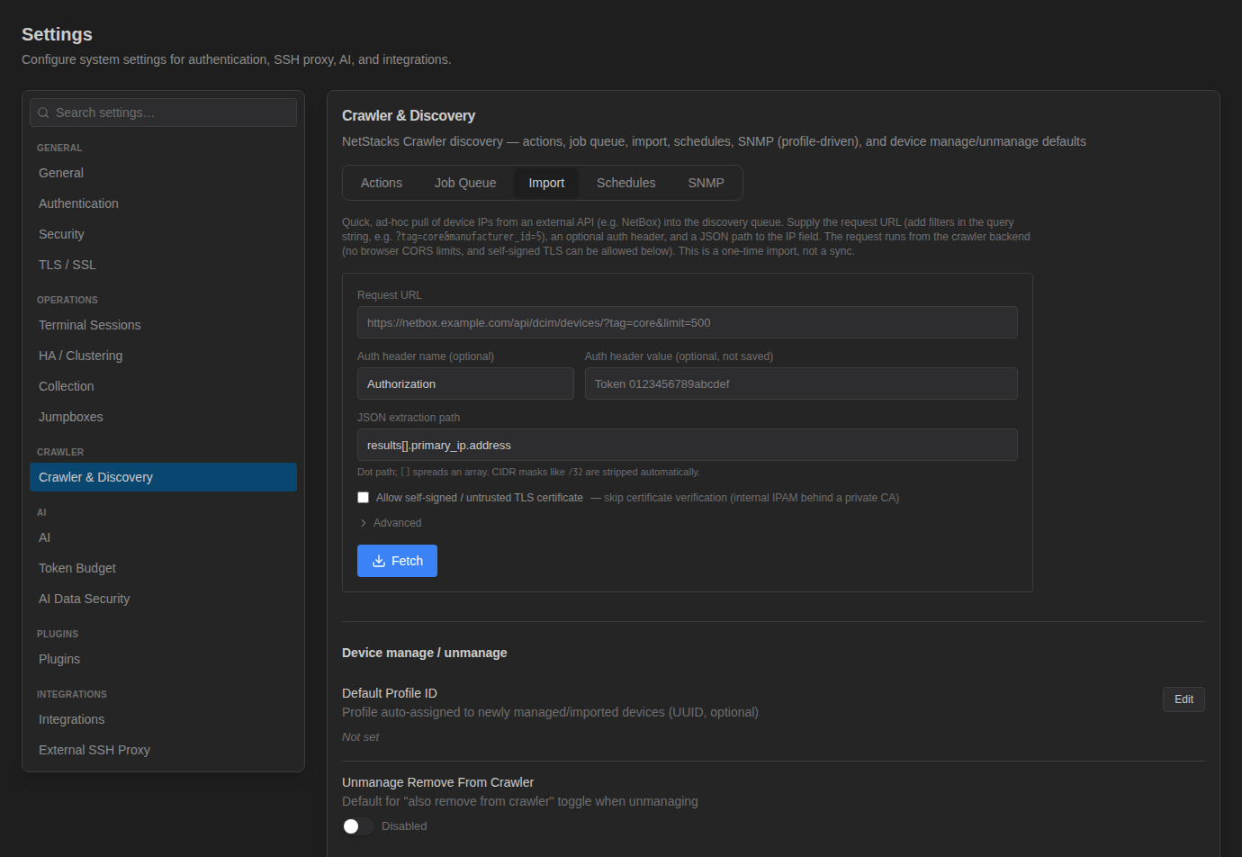 Crawler Import tab with Request URL, auth header, JSON extraction path and Fetch button