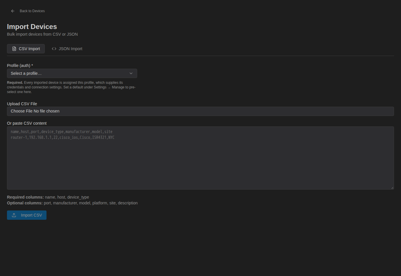 Import Devices page, CSV Import tab, with profile selector, file upload and paste area