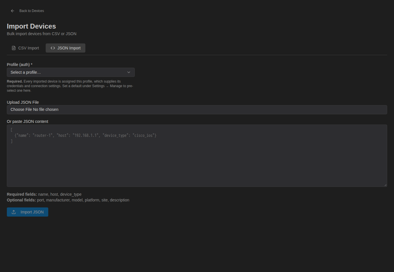 Import Devices page, JSON Import tab