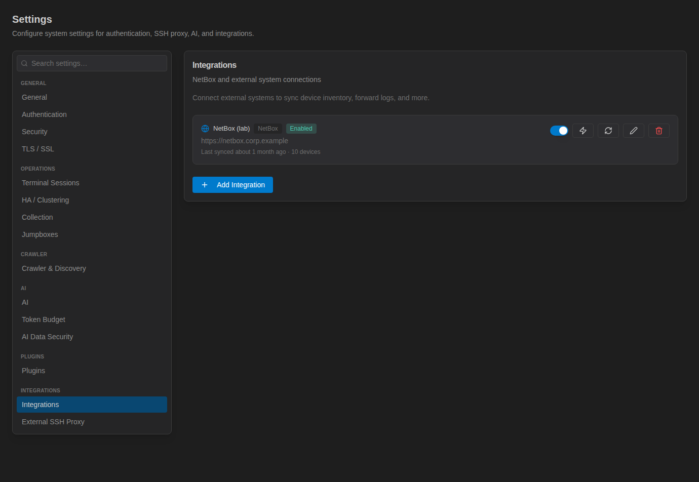 Integrations settings with a NetBox (lab) card showing last sync time and ten devices