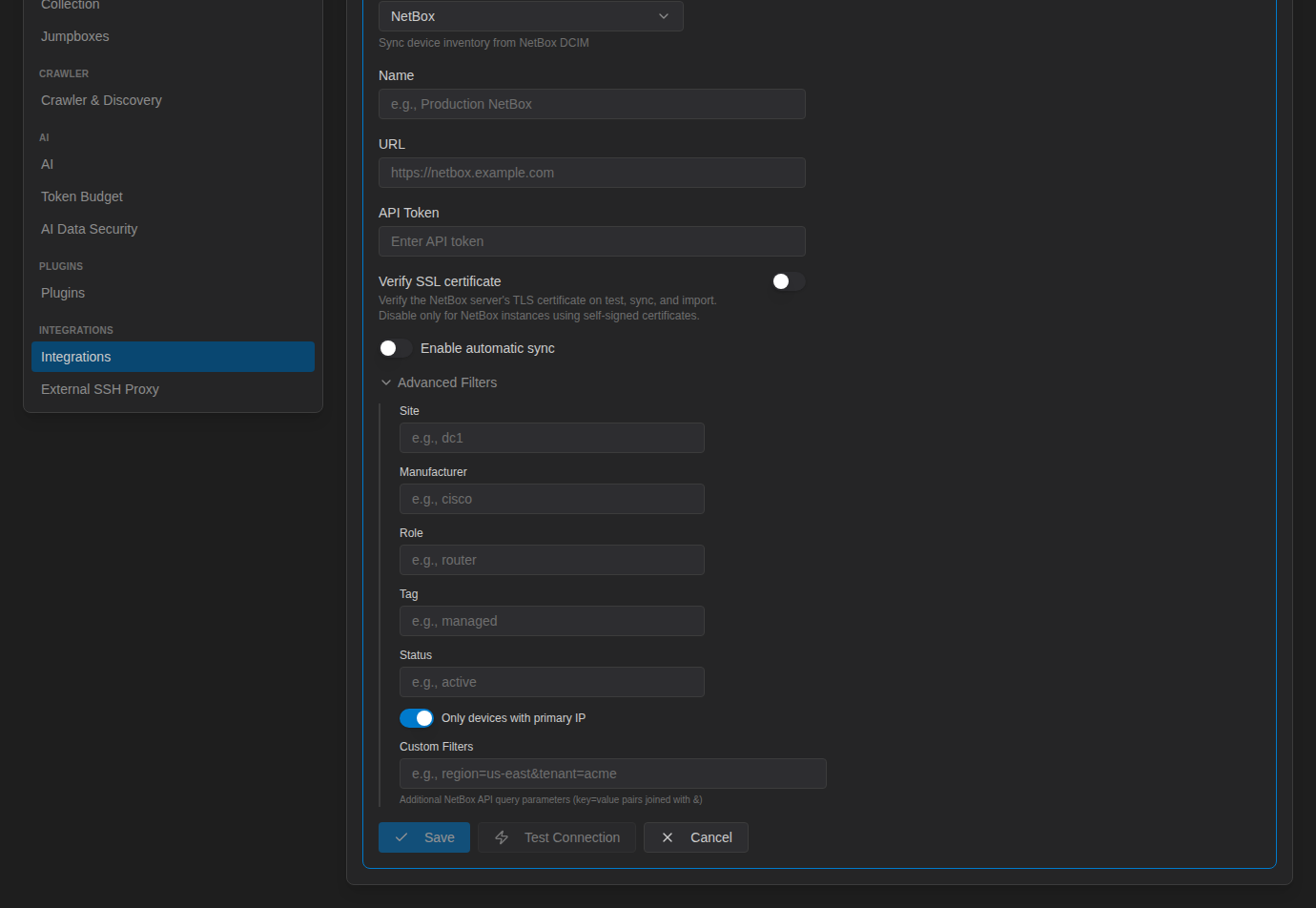 Advanced Filters for the NetBox integration: Site, Manufacturer, Role, Tag, Status, primary IP and Custom Filters