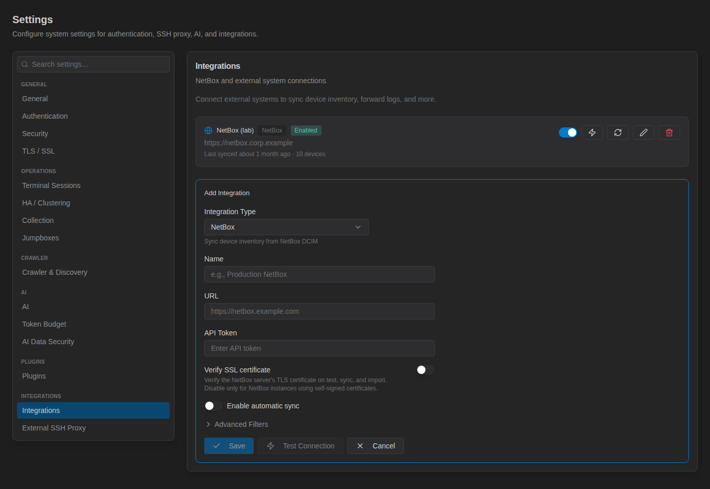 Add Integration form for NetBox with Name, URL, API Token and Verify SSL certificate