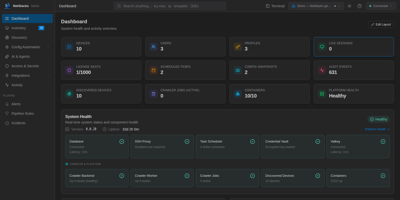 NetStacks Controller admin console dashboard showing device, user, profile, session, license and health tiles