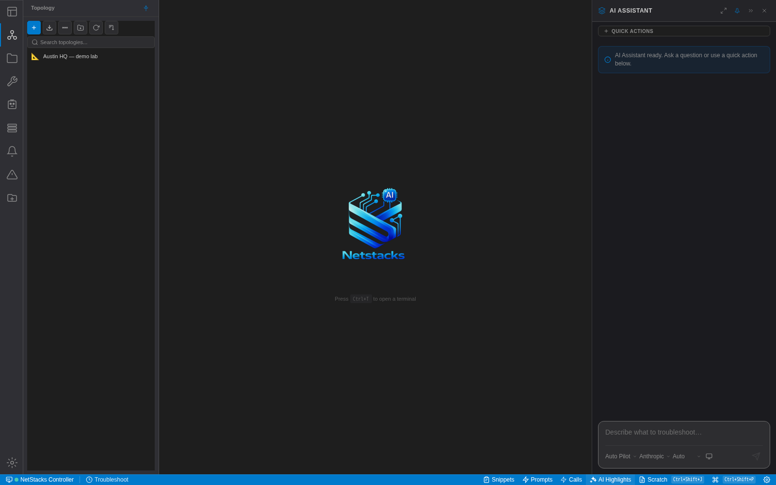 The AI Assistant panel open on the right side of NetStacks Terminal