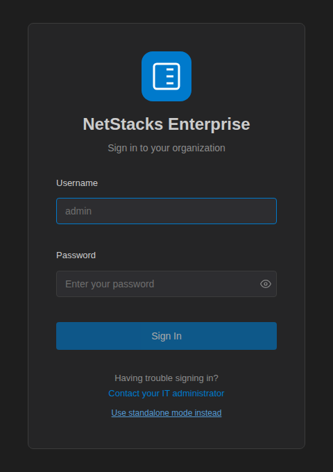 NetStacks Enterprise sign-in screen with Username and Password fields and a Sign In button
