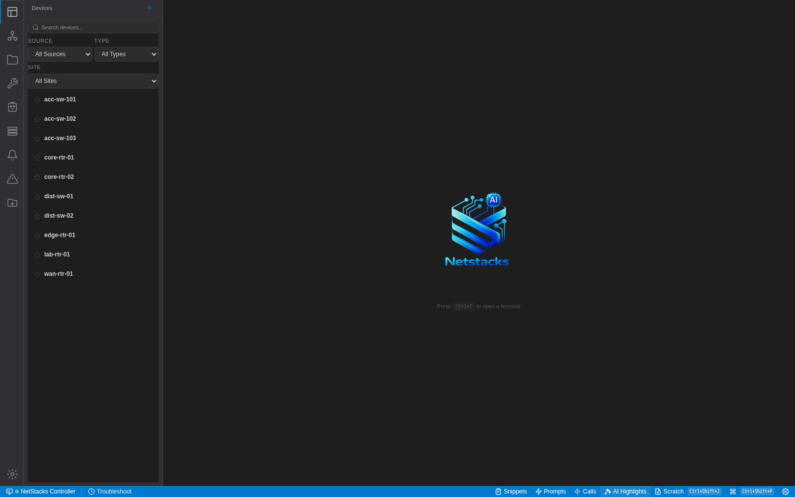 NetStacks Terminal main window with the activity bar on the left, the Devices sidebar, the main tab area and the blue status bar
