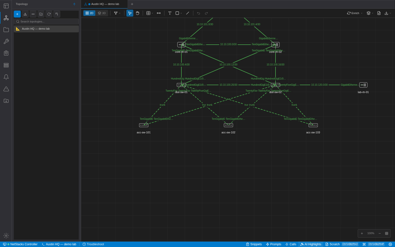 A network topology tab in NetStacks Terminal showing core, distribution and access switches connected by labelled links