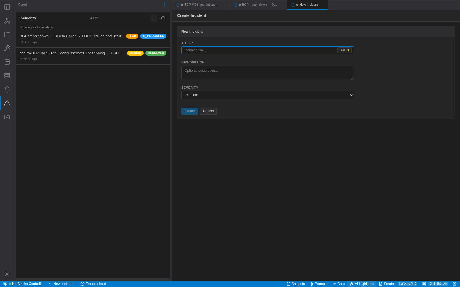 Create Incident tab with Title, Description and Severity (Medium) fields and Create and Cancel buttons