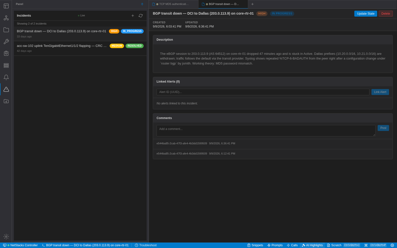 Incident detail tab for BGP transit down on core-rtr-01 with HIGH and IN PROGRESS badges, Update State and Delete buttons, Description, Linked Alerts with an Alert ID field and Link Alert button, and Comments with a Post button