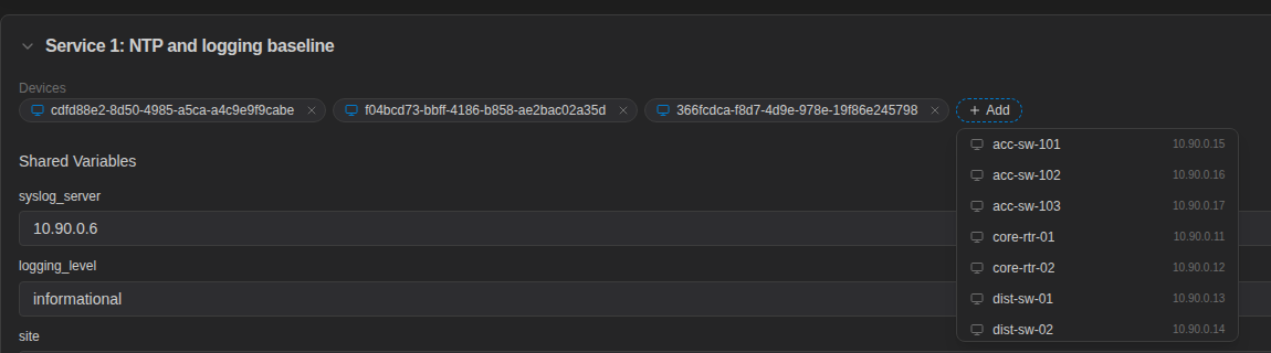 Add device picker listing acc-sw-101, acc-sw-102, acc-sw-103, core-rtr-01 and other devices with their IP addresses