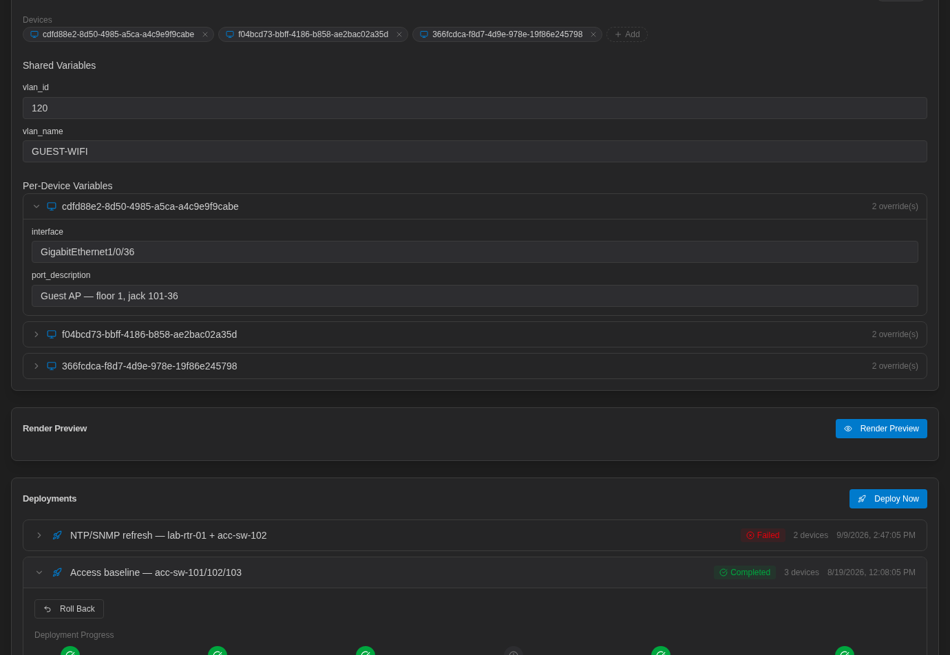 Instance editor showing per-device variables, the Render Preview card with its Render Preview button, and the Deployments card