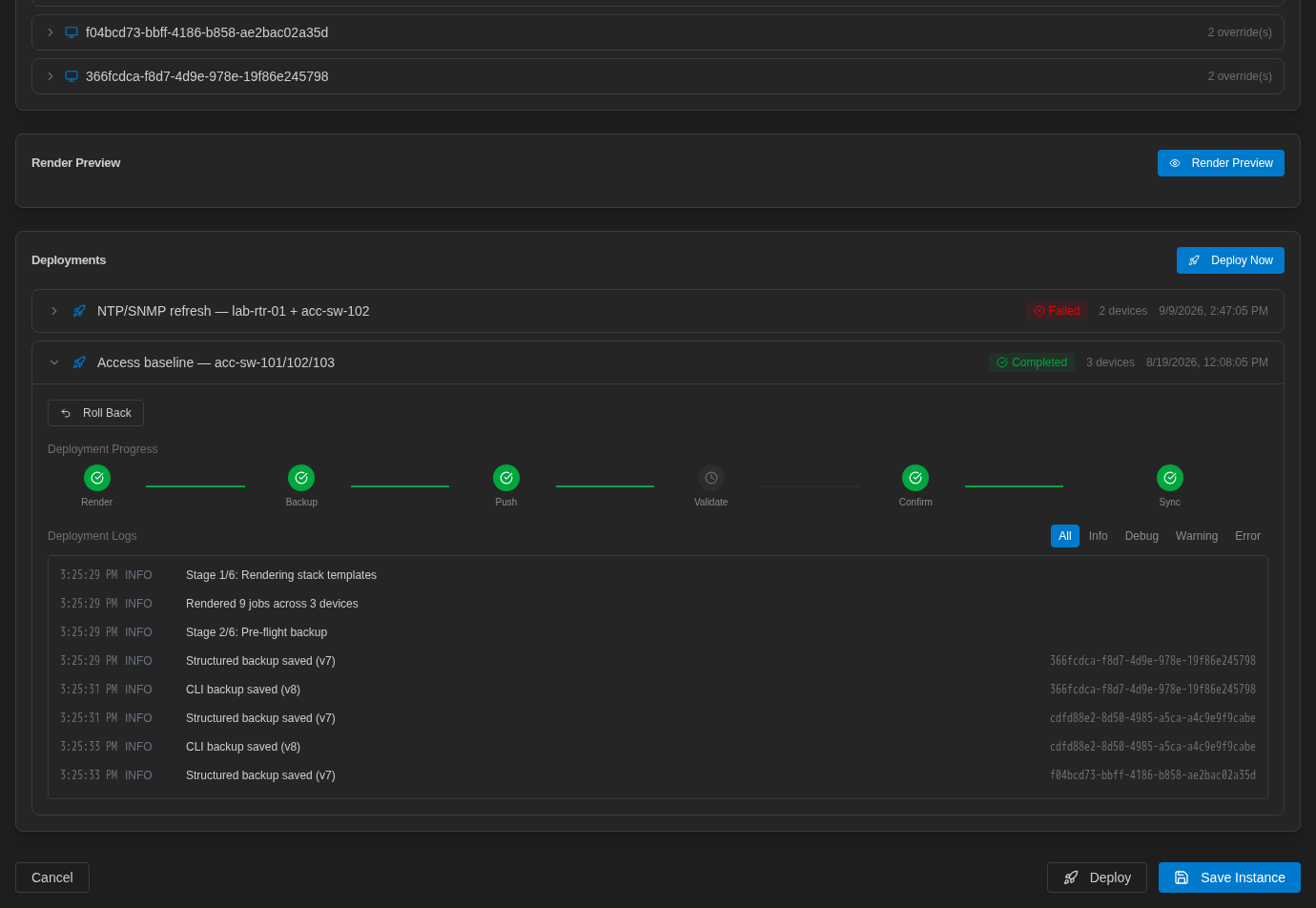 Deployments card with a completed deployment expanded, showing the progress stages and deployment logs with timestamps