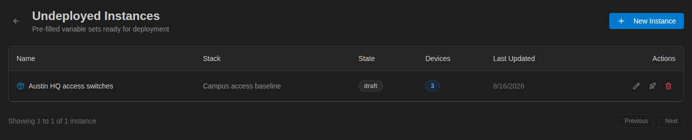Undeployed Instances page listing Austin HQ access switches for the Campus access baseline stack, state draft, 3 devices