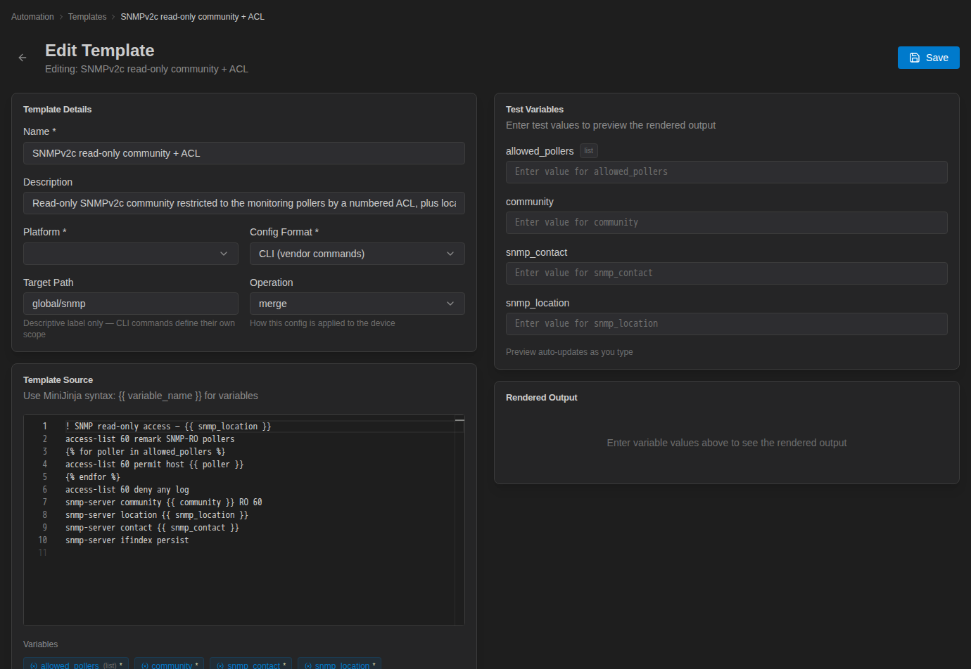 Edit Template page for SNMPv2c read-only community + ACL with Test Variables for allowed_pollers, community, snmp_contact and snmp_location