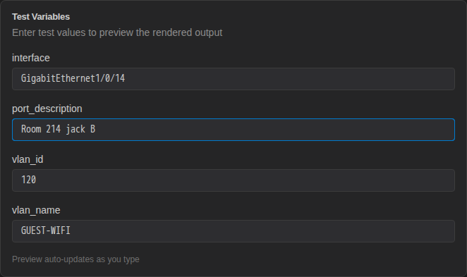 Test Variables card filled in with interface GigabitEthernet1/0/14, port_description, vlan_id 120 and vlan_name GUEST-WIFI