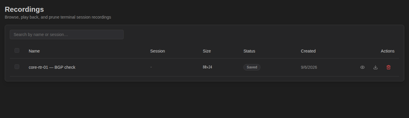 Controller admin console Recordings page listing recordings with Name, Session, Size, Status and Created columns