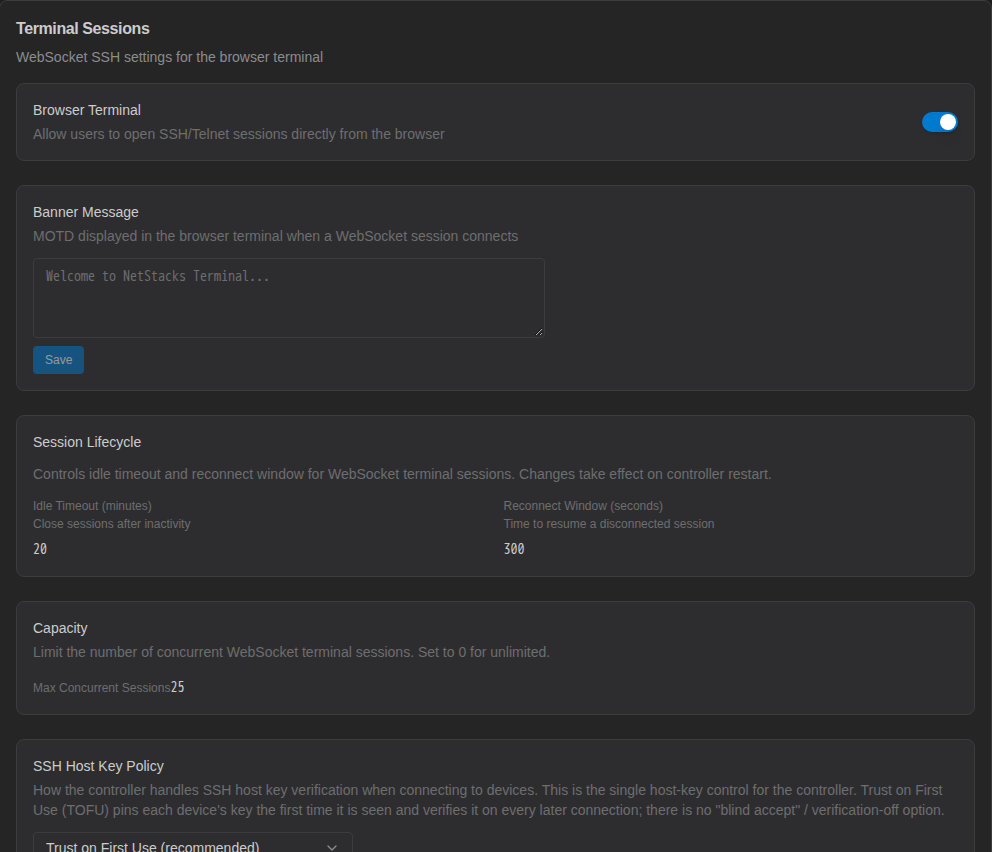Controller admin console Settings, Terminal Sessions section with Browser Terminal, Banner Message, Session Lifecycle, Capacity and SSH Host Key Policy