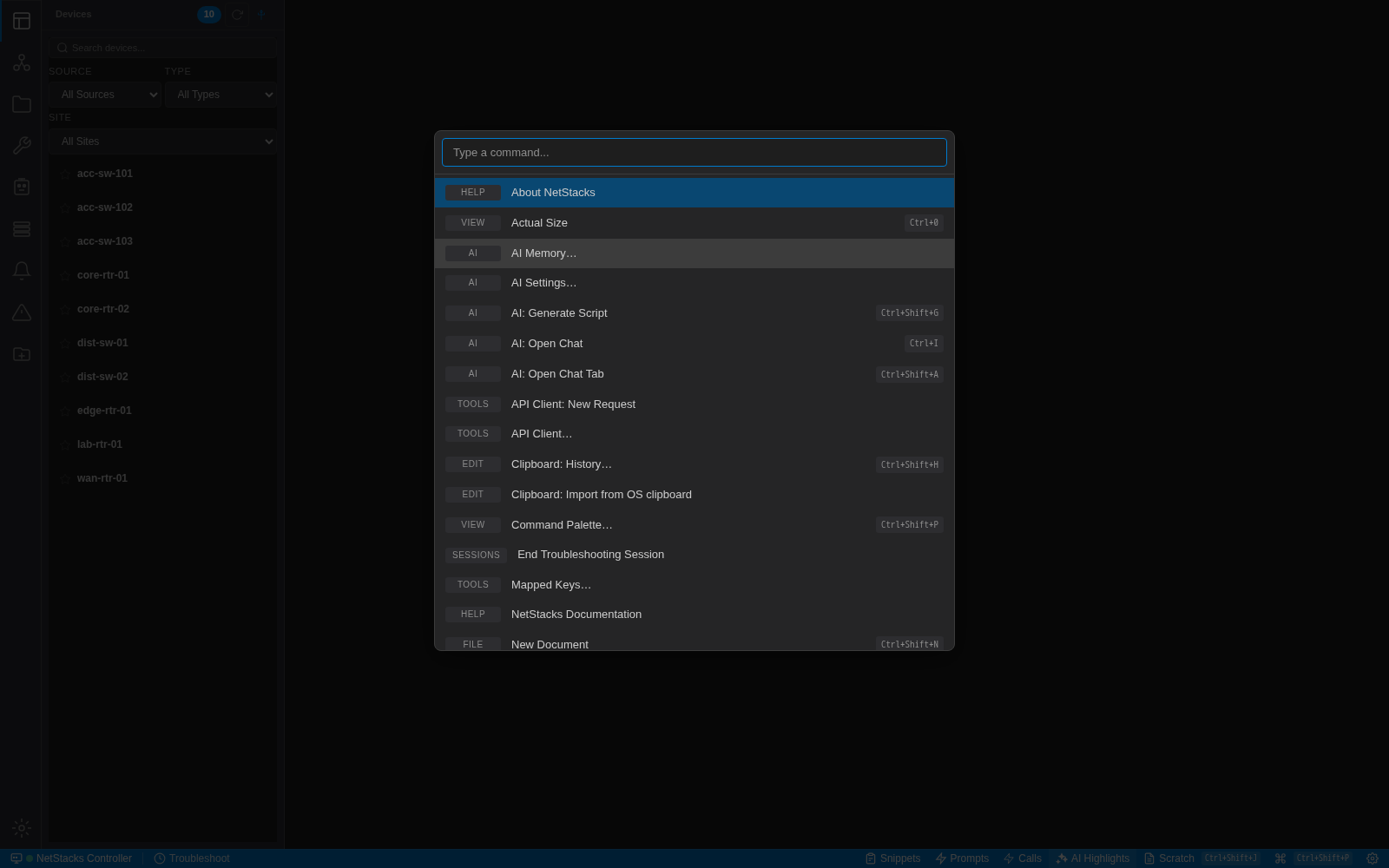 Command palette with a Type a command box and a list of commands with category labels and shortcuts