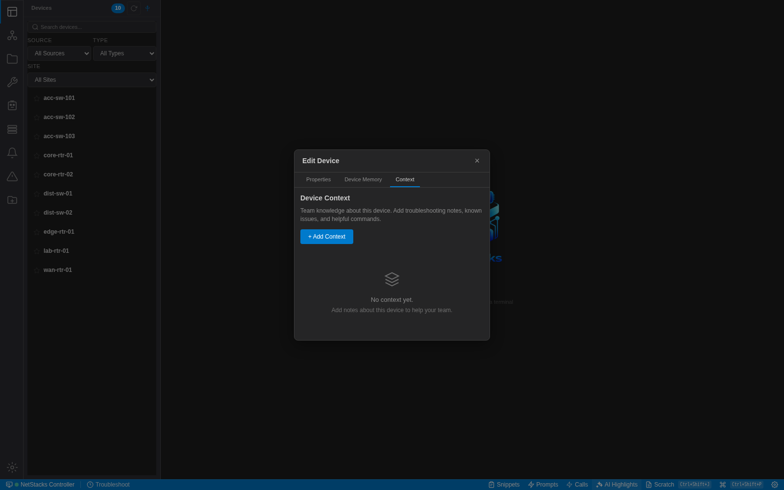 Edit Device dialog on the Context tab showing Device Context, an Add Context button and the empty state No context yet