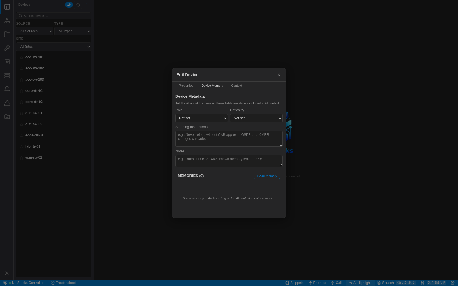 Edit Device dialog on the Device Memory tab with Role, Criticality, Standing Instructions, Notes and a Memories list with an Add Memory button