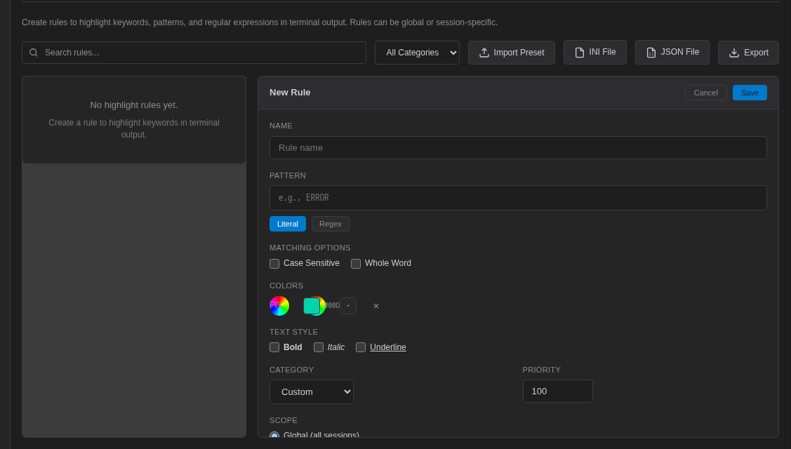 New Rule editor with name, pattern, literal or regex, matching options, colors, text style, category and priority