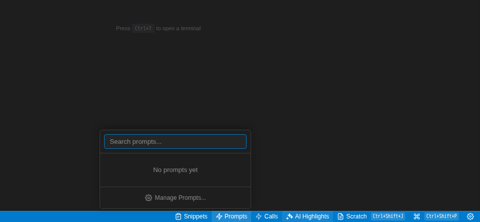 Quick Prompts menu above the status bar with a search box and a Manage Prompts button