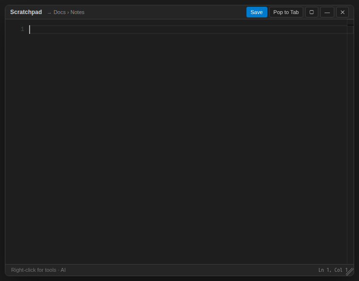 The floating Scratchpad editor with Save, Pop to Tab, maximize, minimize and close buttons