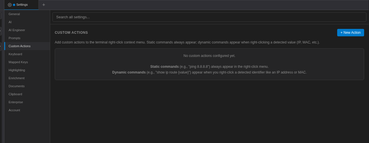 Settings, Custom Actions page with the New Action button