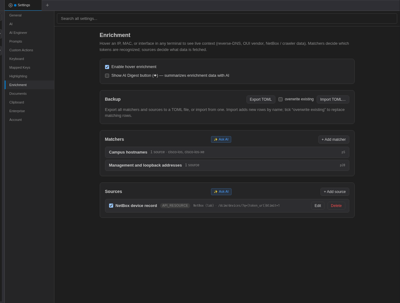 Settings, Enrichment page with the hover enrichment and AI Digest switches, backup buttons, and the Matchers and Sources lists