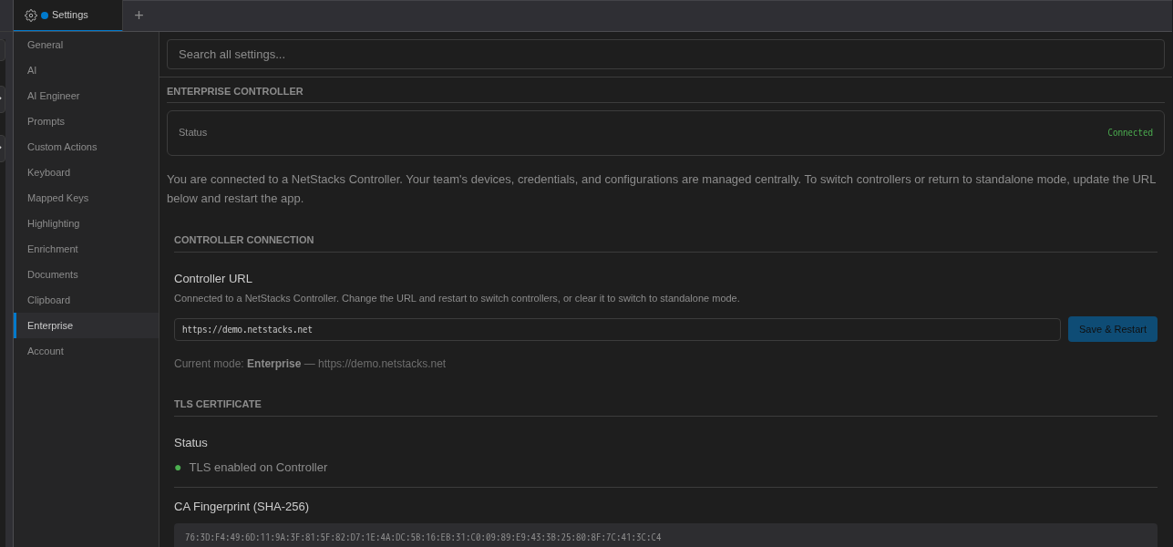 Settings, Enterprise tab showing the Controller connection details