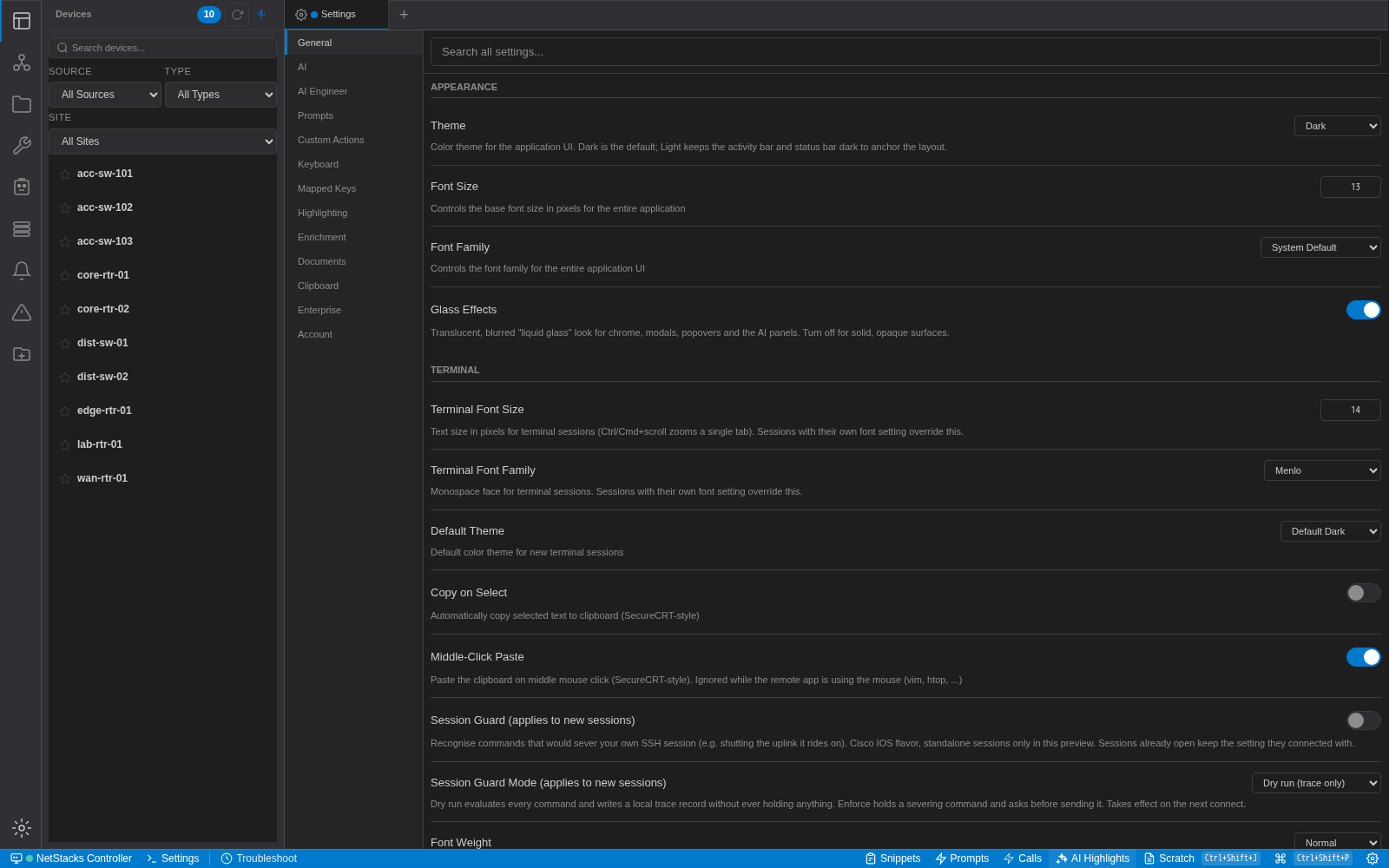 Settings, General tab showing Appearance settings and Terminal settings including font size, font family, default theme, copy on select and middle-click paste