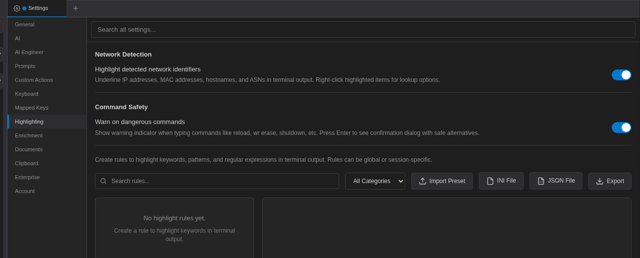 Settings, Highlighting tab with Network Detection and Command Safety switches, rule search, category filter and Import Preset, INI File, JSON File and Export buttons