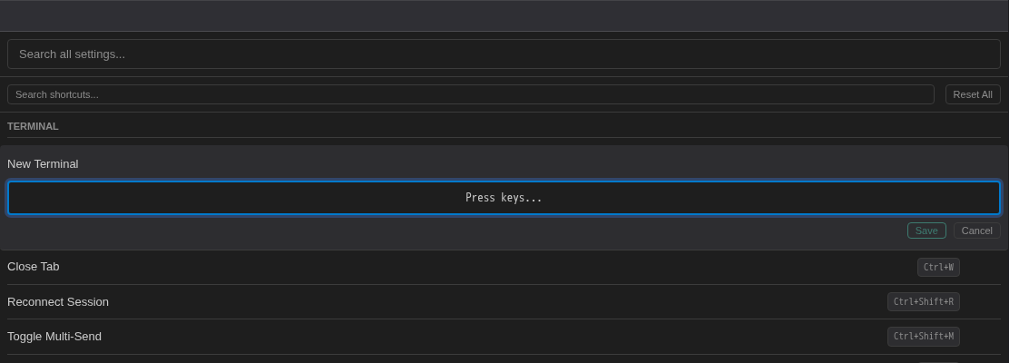 Editing the New Terminal shortcut: a Press keys field with Save and Cancel buttons