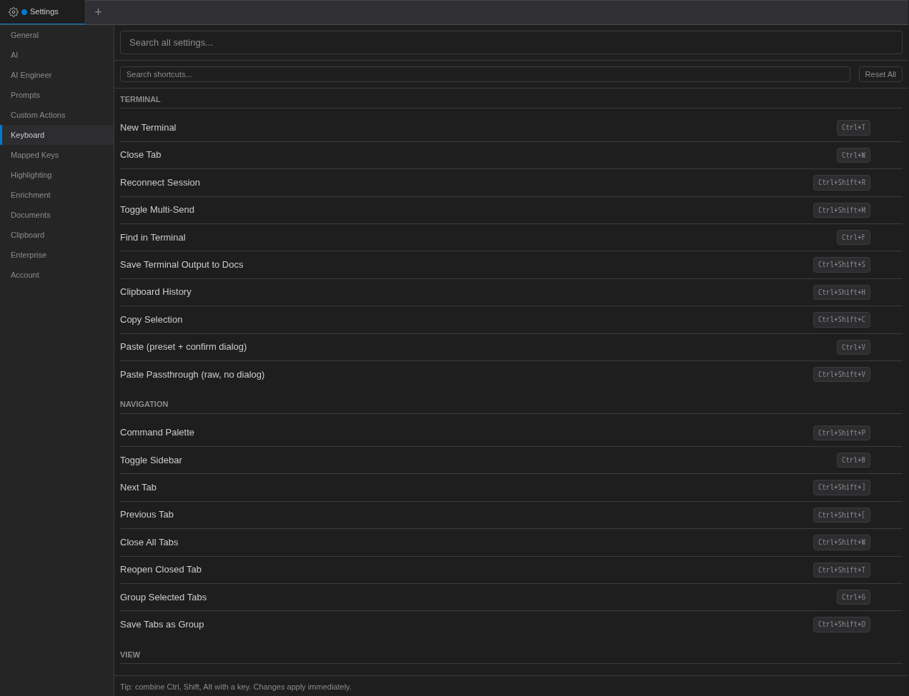 Settings, Keyboard tab listing Terminal and Navigation shortcuts with their key combinations, a Search shortcuts box and Reset All button