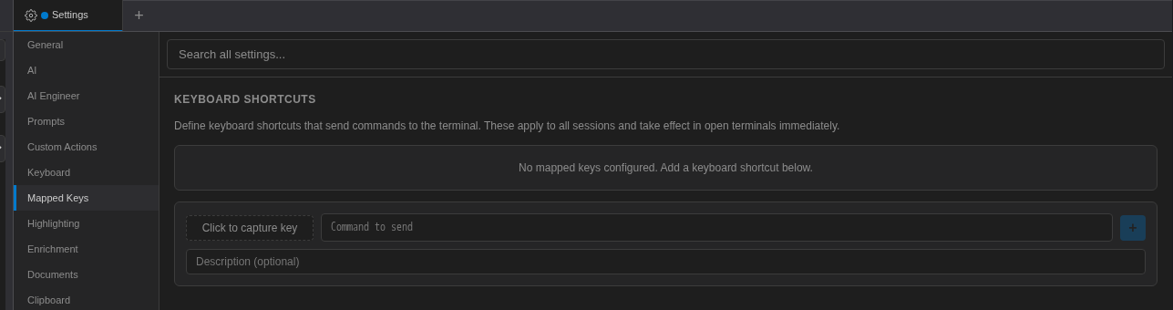 Settings, Mapped Keys tab with a key capture button, Command to send field and Description field