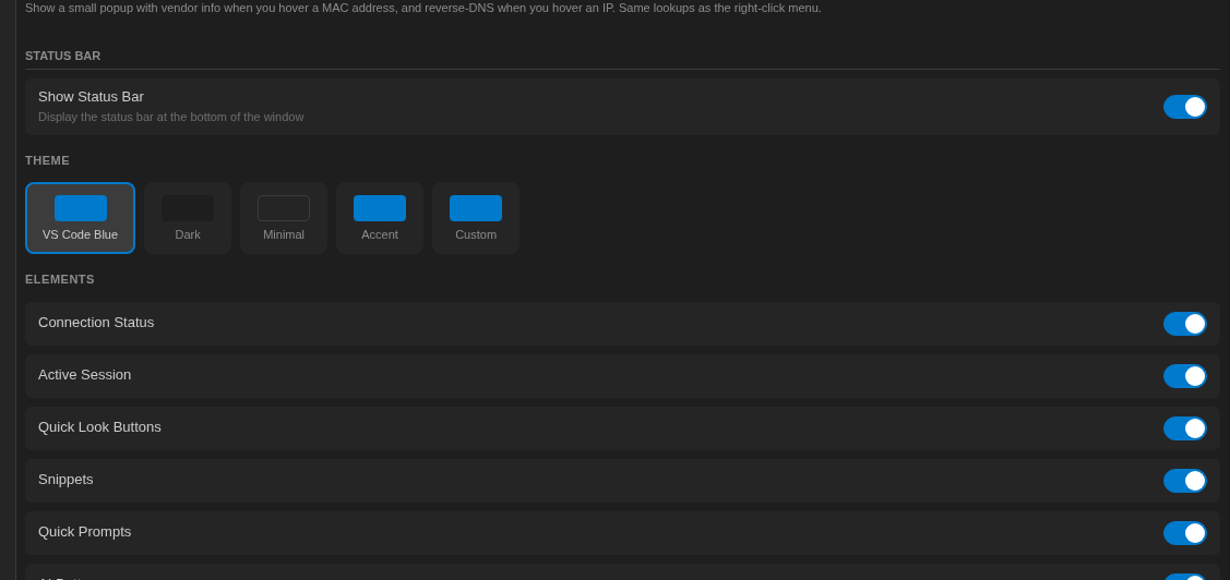 Status Bar settings with Show Status Bar, theme presets, element toggles and style toggles