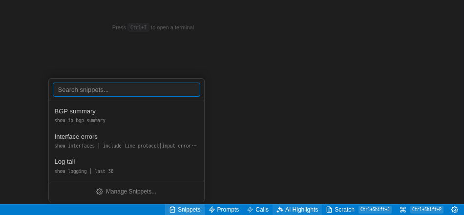 Snippets menu above the status bar listing BGP summary, Interface errors and Log tail with their commands and a Manage Snippets button