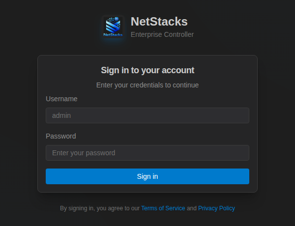 Controller admin console sign-in page with Username and Password fields