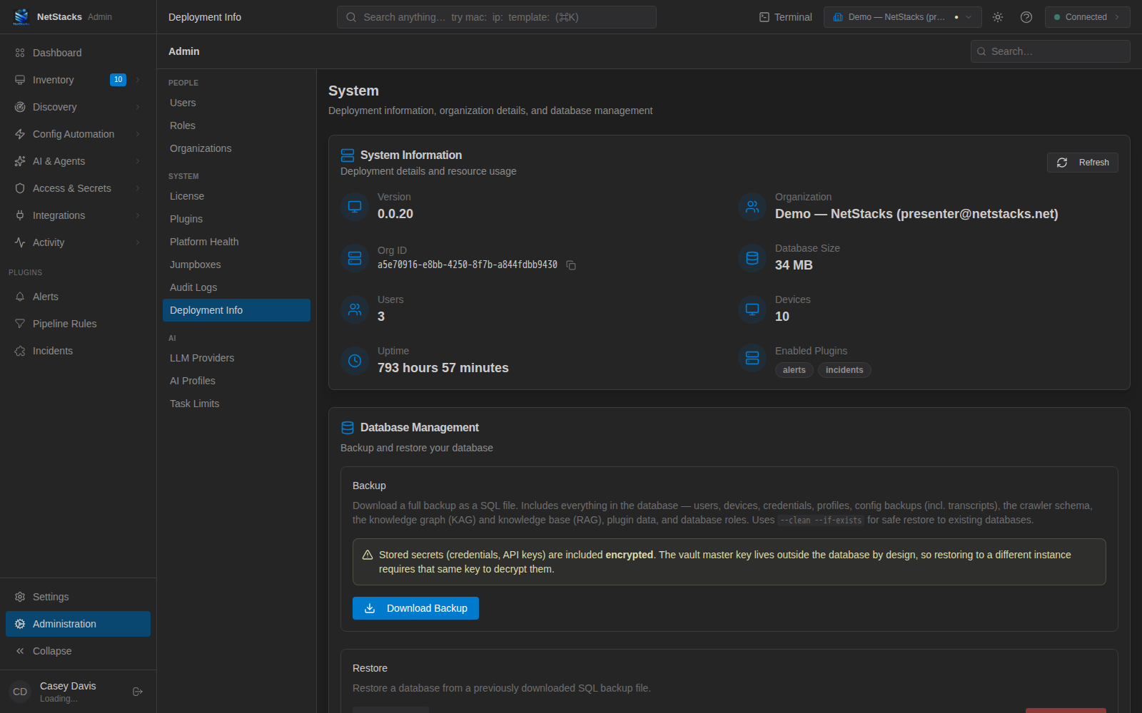Administration, Deployment Info page with System Information and Database Management, including Download Backup and the note that the vault master key lives outside the database