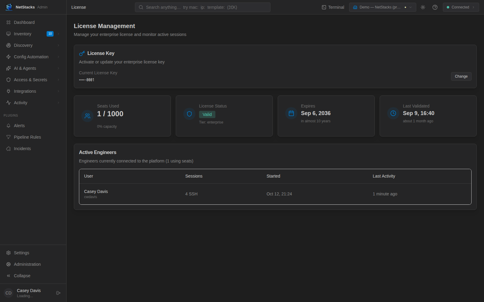 Controller License Management page showing Seats Used, License Status, Expires, Last Validated and the Active Engineers table